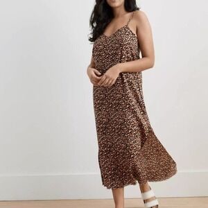 Aerie Leopard Satin Midi Slip Dress Brown Black Lg